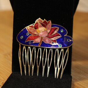 Enamel Lotus Hair Comb w/ Gold Detailing & Vibrant Blue Background Approx 2.25"W
